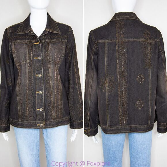 Laura Ashley brown beaded embroidered button up jean jacket, size M - Picture 2 of 16